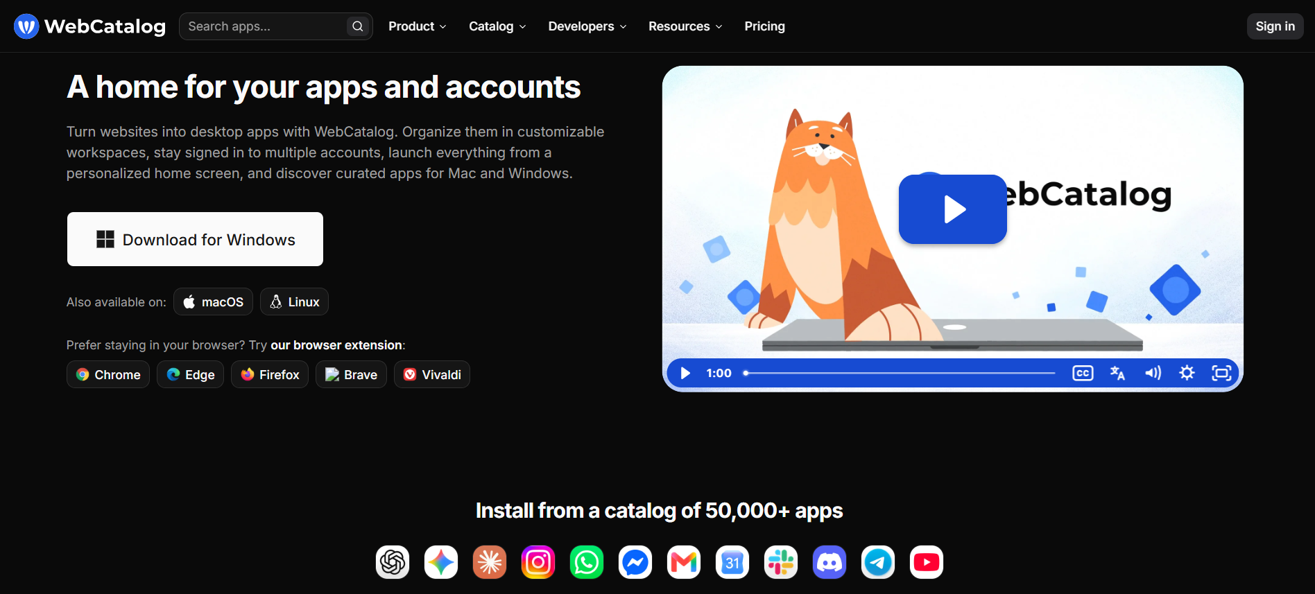 WebCatalog screenshot: WebCatalog is a desktop productivity platform that brings your favorite web apps and online accounts...