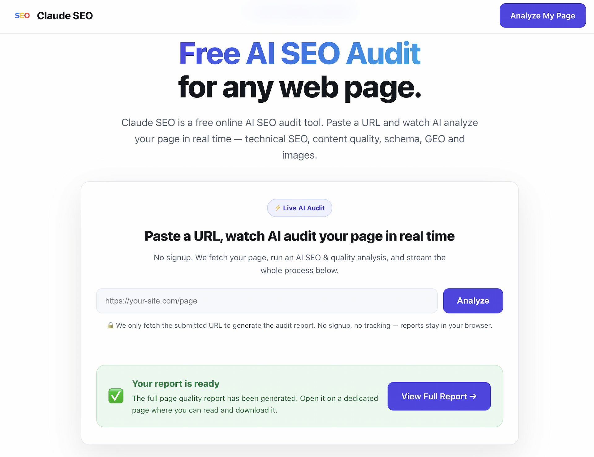 Claude SEO screenshot: Claude SEO is a free online AI SEO audit tool. Paste any URL and it fetches the page, runs an...