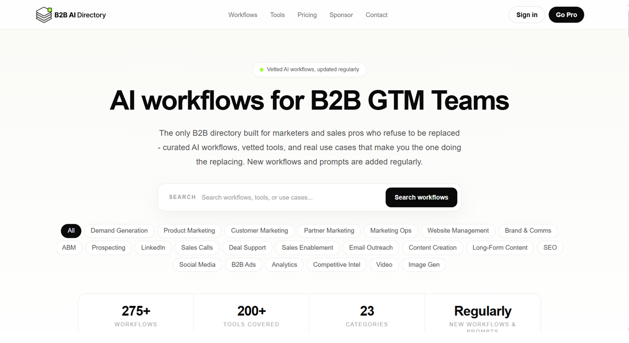 B2B AI Directory screenshot: AI workflows and production-grade prompts for B2B marketing and sales teams. Turn AI tools into...