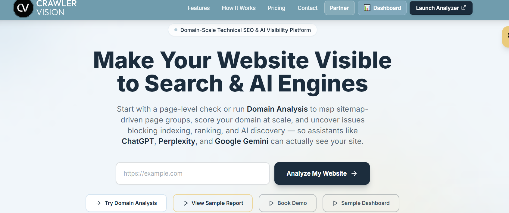 Crawler Vision screenshot: Crawler Vision is a technical SEO and AI crawler readiness platform built for the new search...