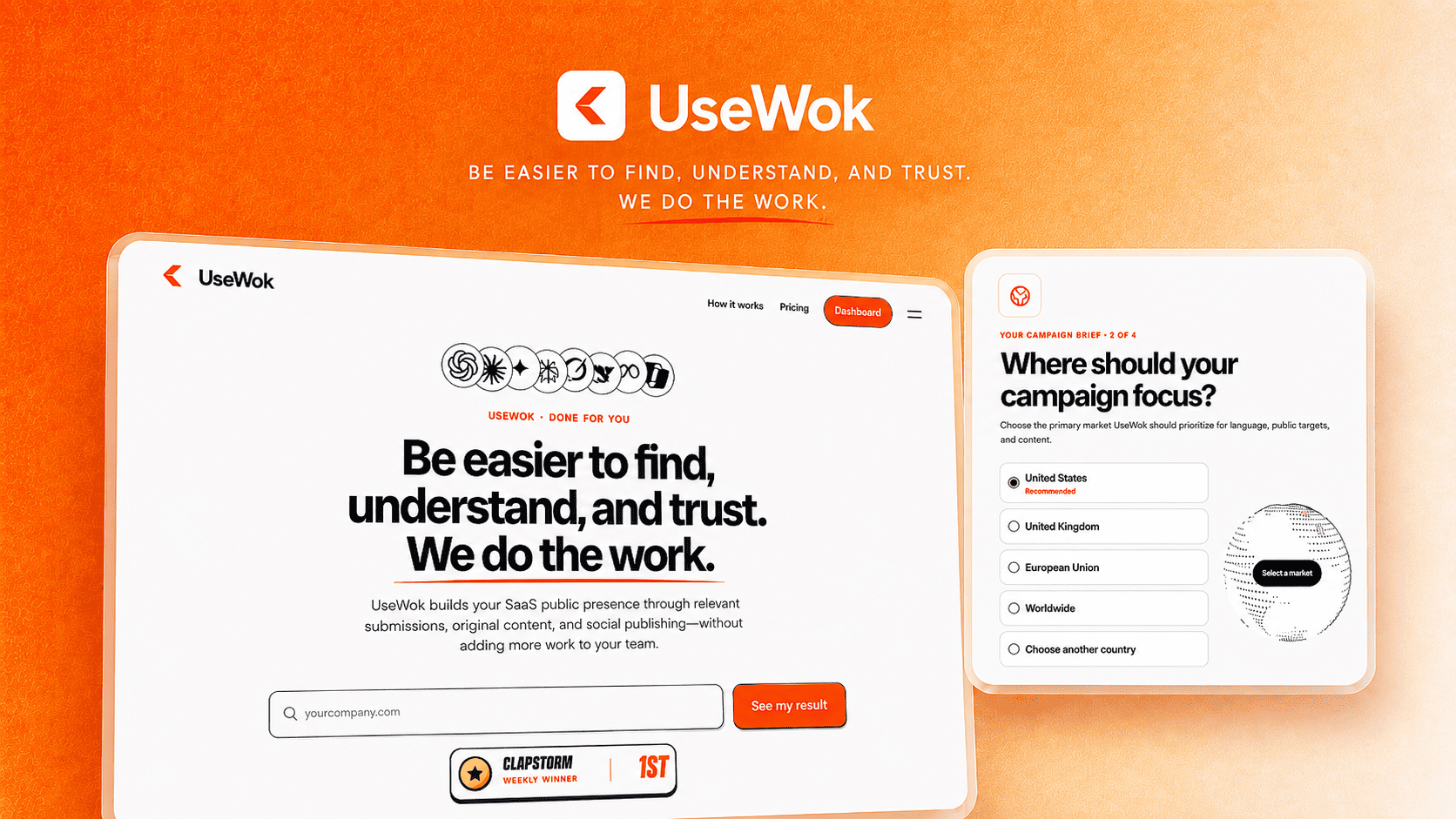 UseWok screenshot: Build your SaaS presence across search and AI in 14 days. UseWok creates and publishes original content...