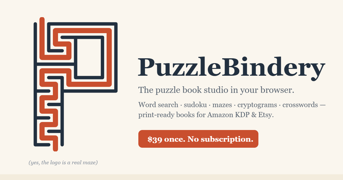 PuzzleBindery screenshot: Generate word searches, sudoku, mazes, cryptograms and crosswords, then assemble them into a real...