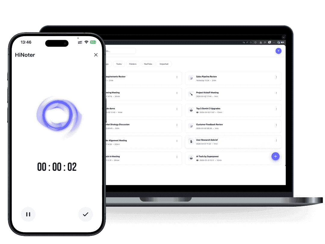 HiNoter screenshot: HiNoter is an all-in-one AI meeting notes and transcription tool for meetings, audio, video, YouTube...