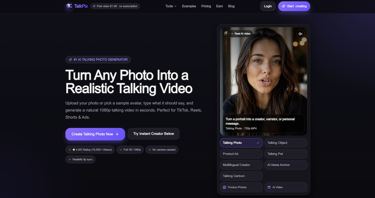 TalkPix screenshot: TalkPix is a web-based AI content creation studio that transforms static photos into hyper-realistic...