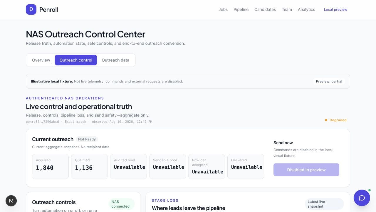 Penroll App screenshot: AI-assisted hiring workspace for founders and small teams