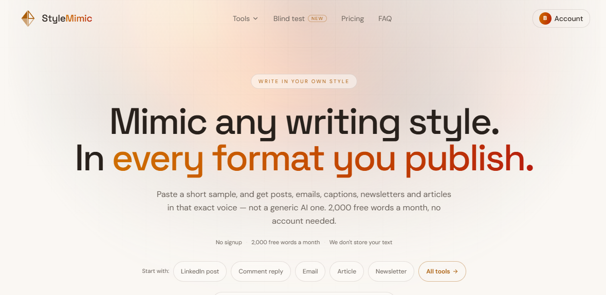StyleMimic screenshot: Mimic any writing style. In every format you publish.