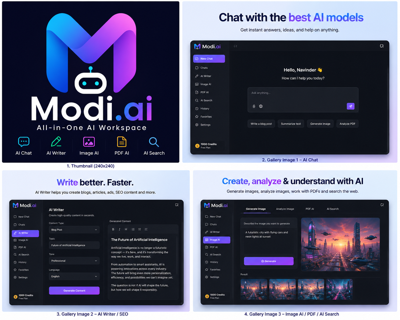 modi.ai screenshot: Free AI chat, writing, image, PDF & SEO tools