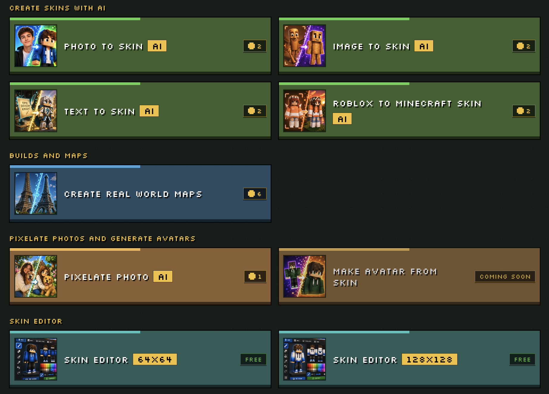 Photo2Skin: AI Minecraft Skins & Builds screenshot: Create Minecraft Skins and Builds with AI