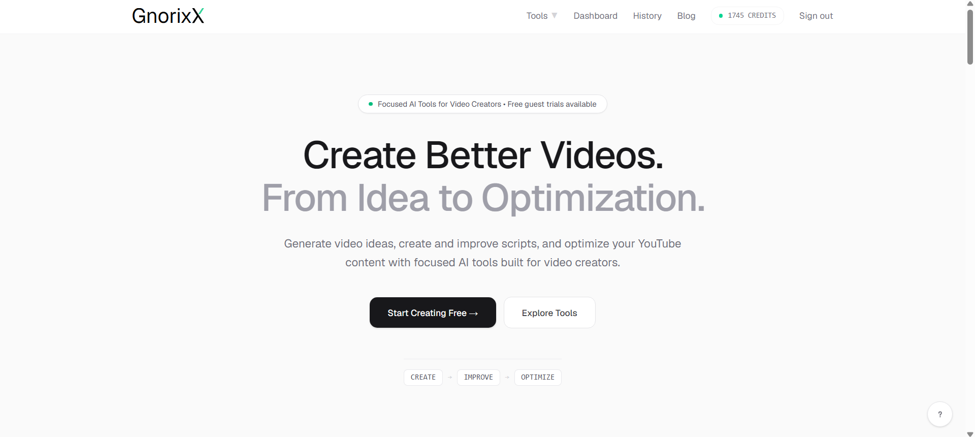 GnorixX screenshot: Focused AI tools built for video creators — from idea to optimization.