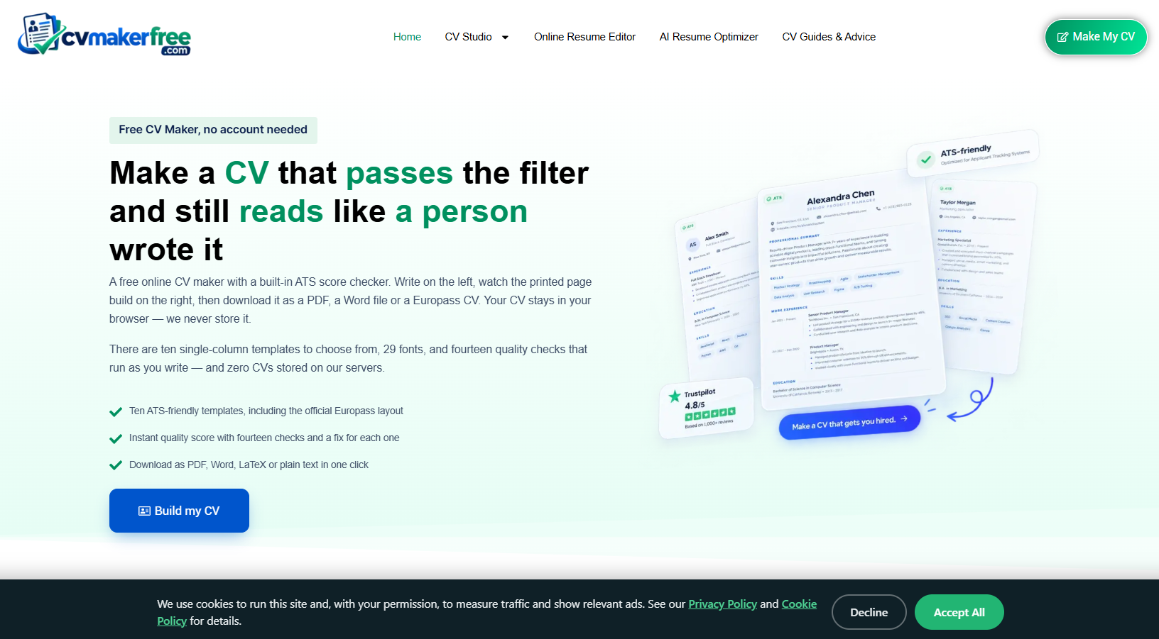 CV Maker Free screenshot: CVMakerFree lets you build a professional CV in minutes, and it costs nothing