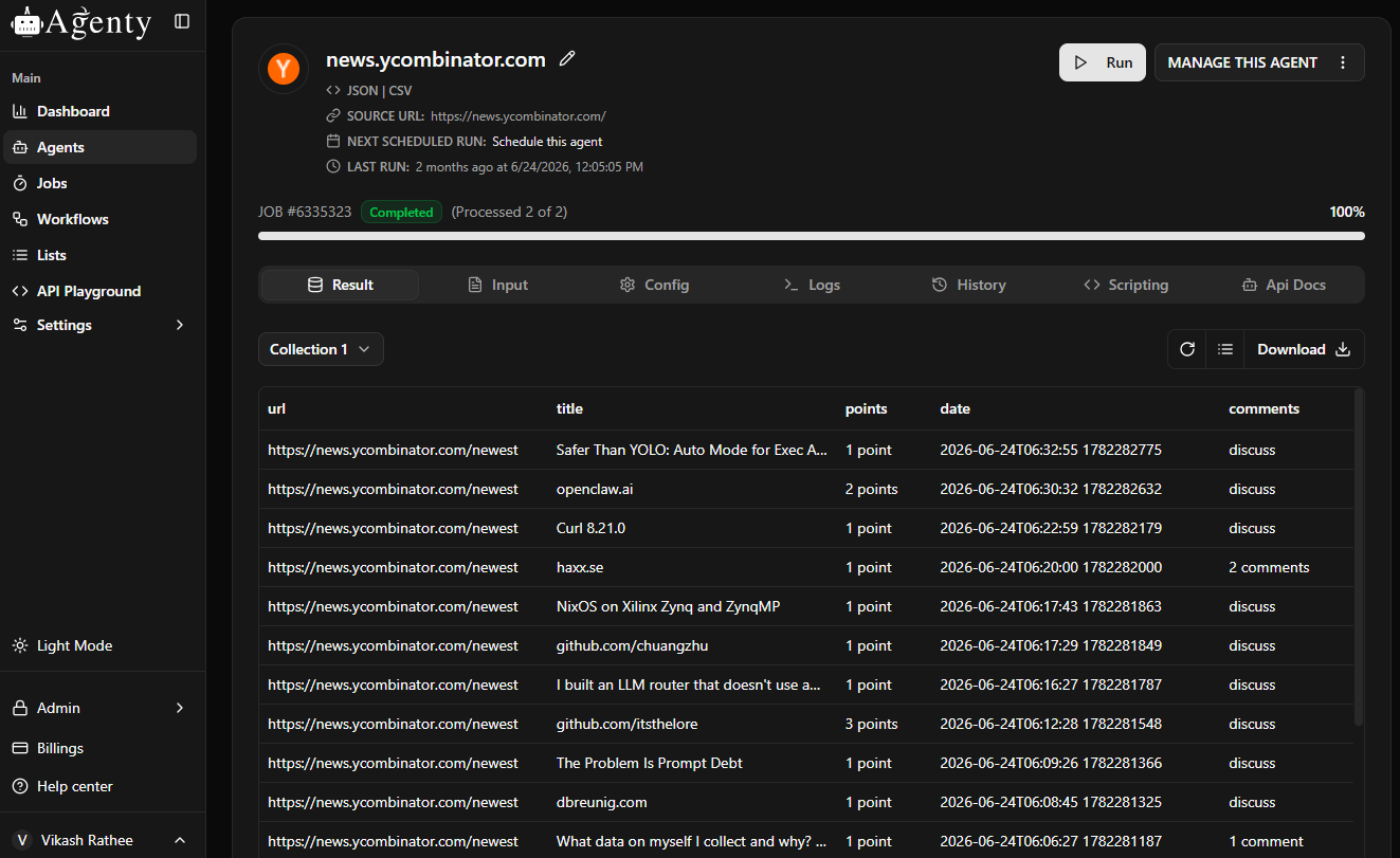 Agenty screenshot: AI-Powered Web Data Collection, Automated at Scale.