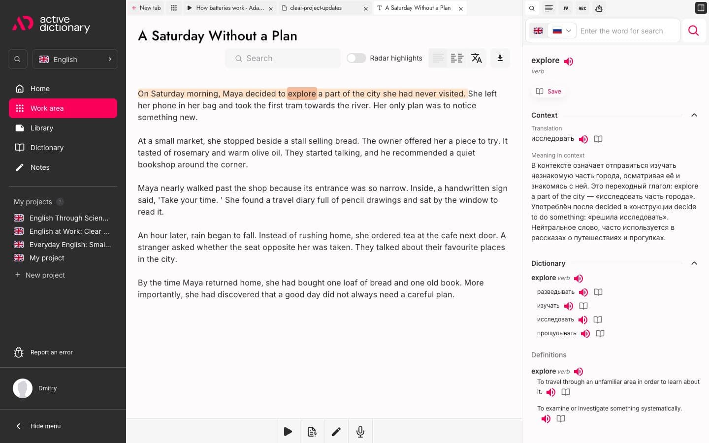Active Dictionary screenshot: Language practice with texts, videos and PDFs