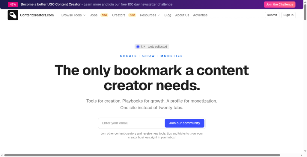 ContentCreators.com screenshot: Create, Grow, Monetize
