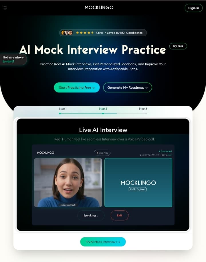 Mocklingo screenshot: AI-powered mock interviews and personalized interview preparation