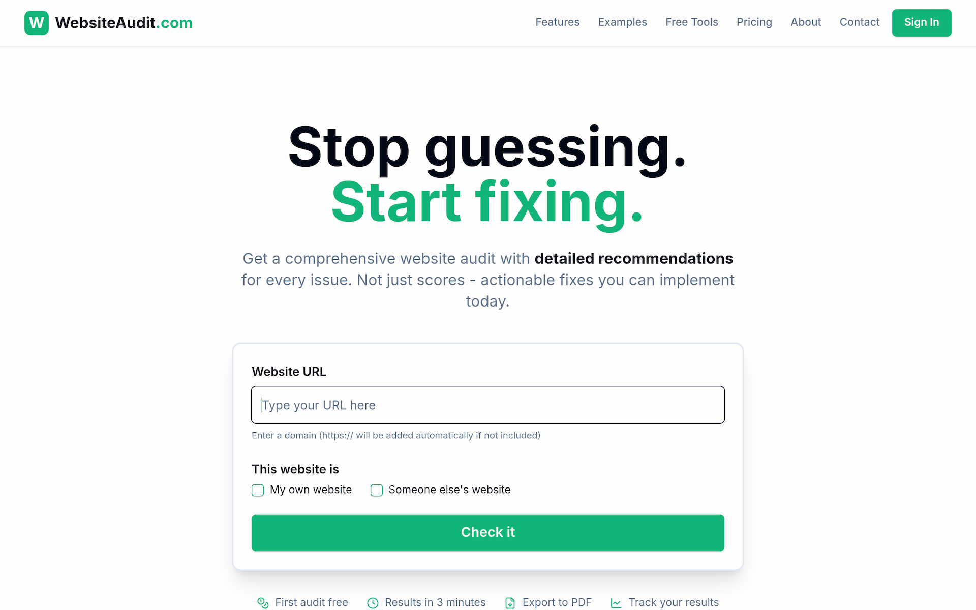 WebsiteAudit.com screenshot: Stop guessing. Start fixing.