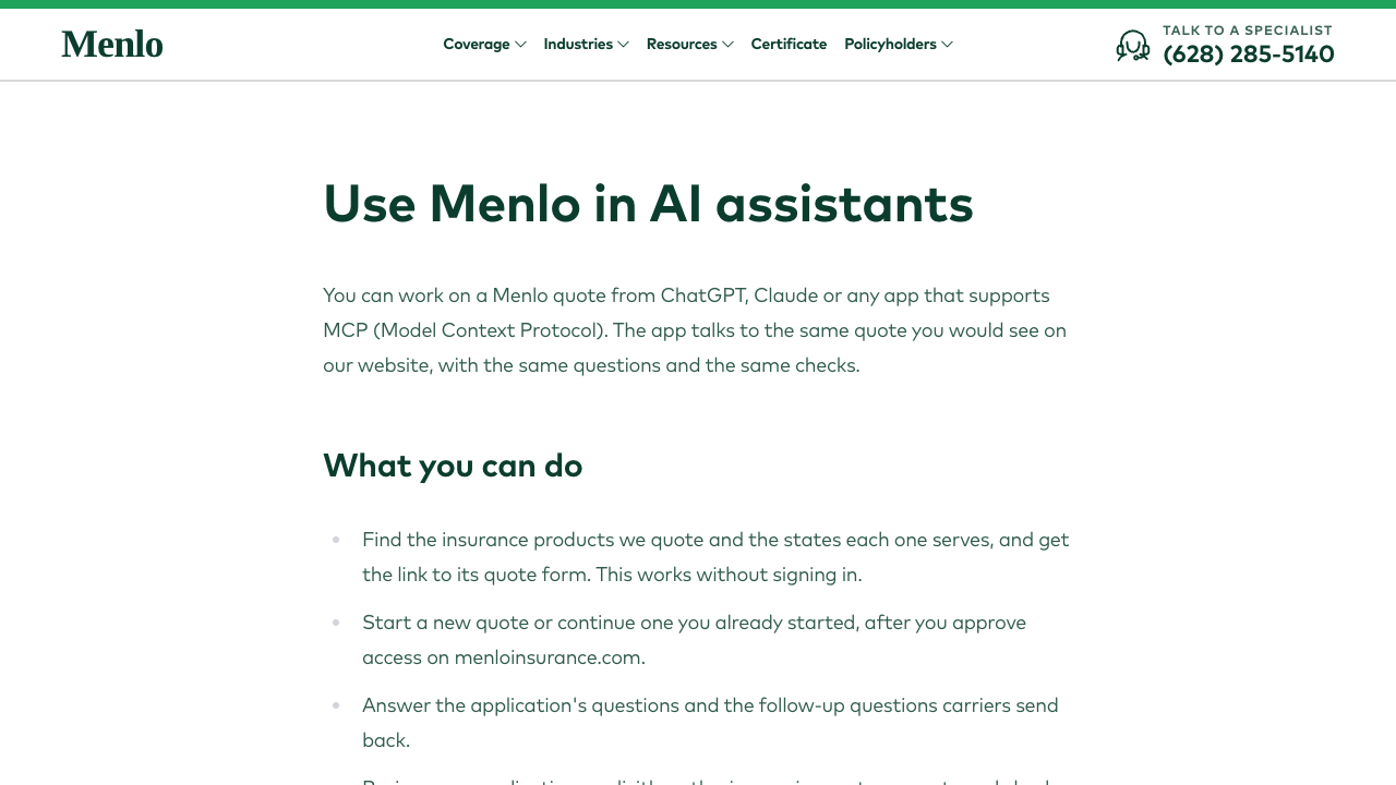 Menlo Insurance MCP screenshot: Connect AI assistants to authorized California and Texas P&C quote requests