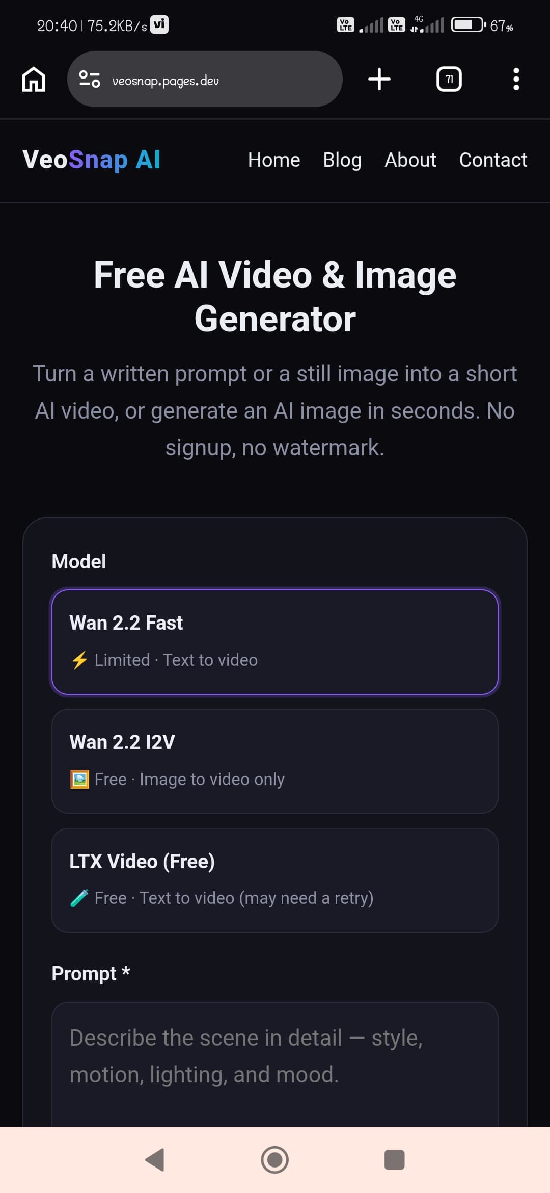 veosnap ai screenshot: free ai video generation