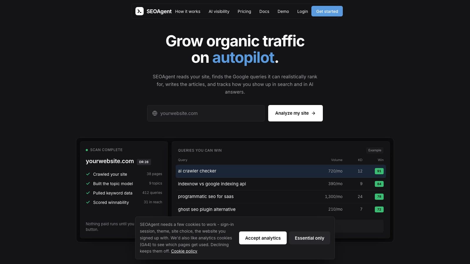 SEOAgent screenshot: AI SEO software that grows organic traffic on autopilot