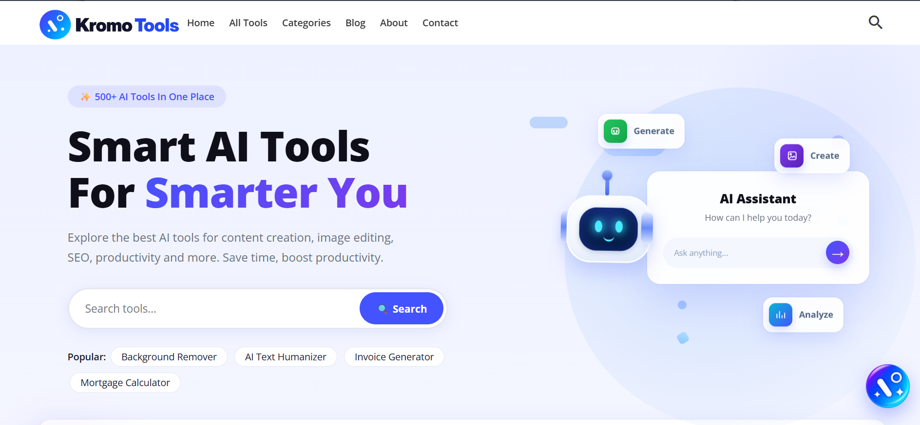 KromoTools screenshot: 500+ free online tools for AI, SEO, images, PDF, finance and more