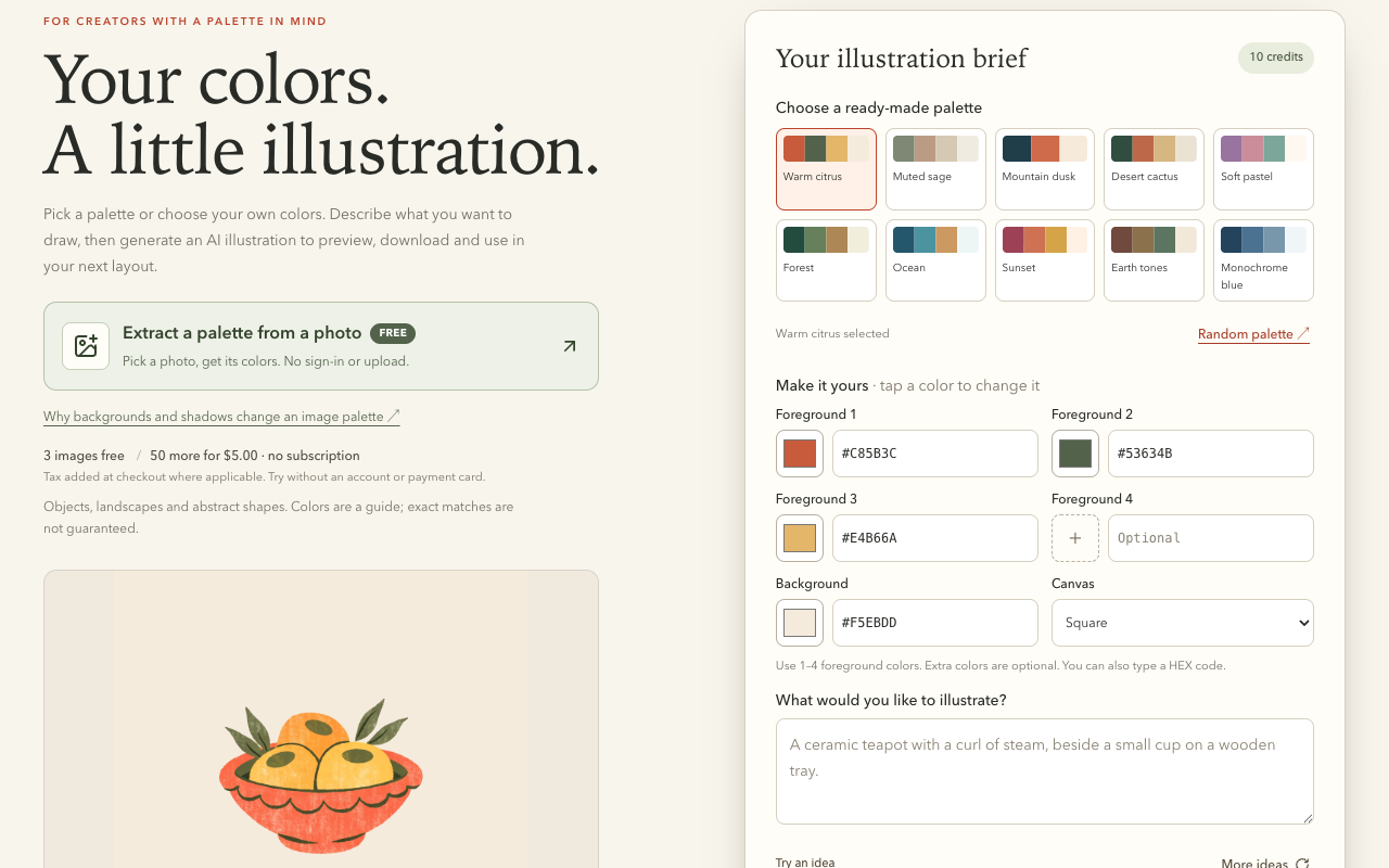 PaletteFinch, Color Palettes for Your Illustration Brief screenshot: Extract an image palette or choose colors to guide an AI...