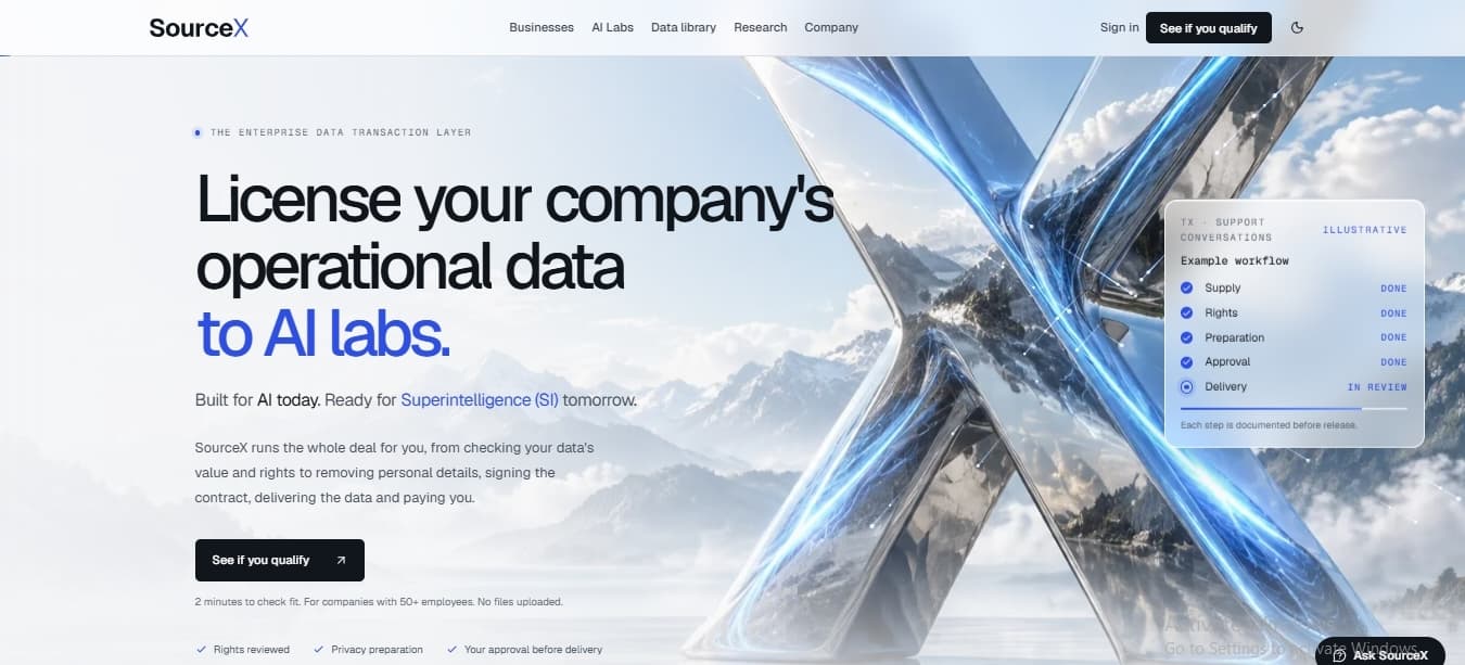 SourceX screenshot: The Data Layer for Superintelligence.