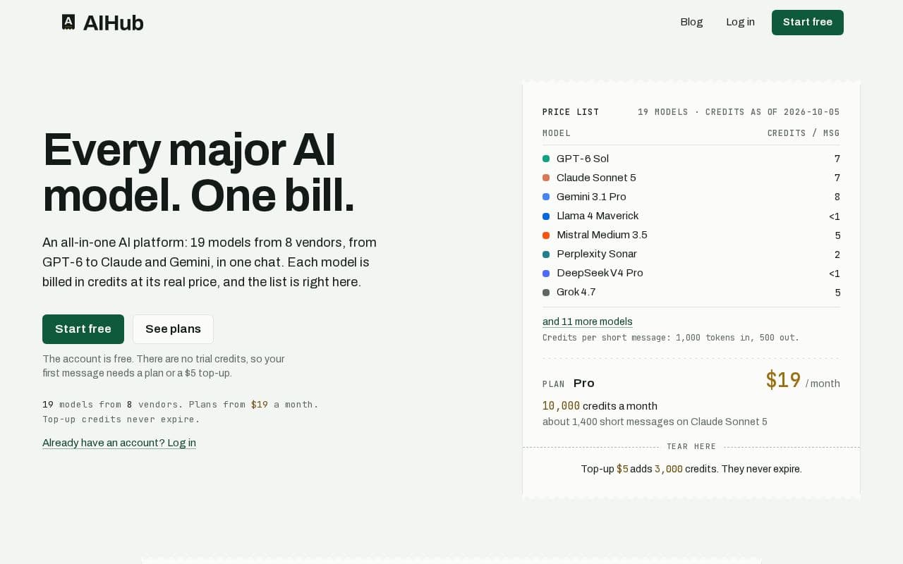 AIHub screenshot: Every major AI model. One bill.