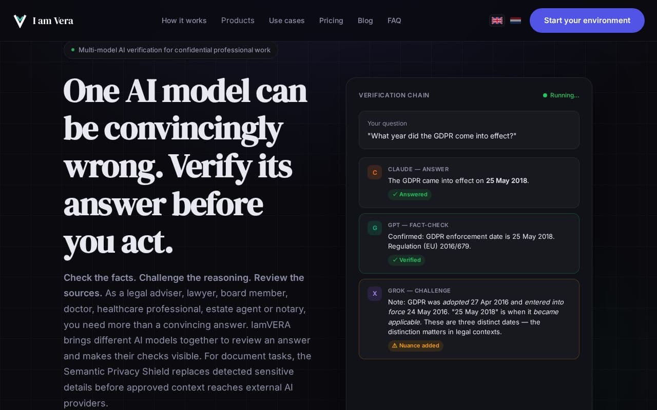 IamVERA screenshot: Multi-model AI verification for confidential professional work