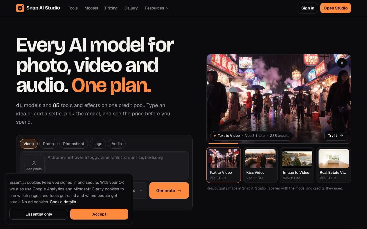 Snap AI Studio screenshot: Every AI model for photo, video and audio. One plan.