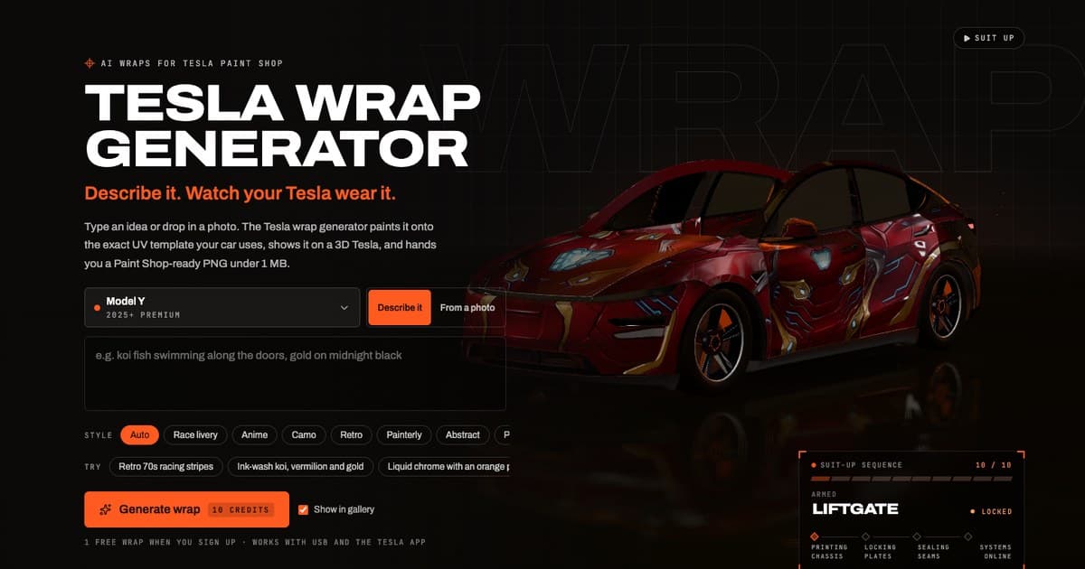 Tesla Wrap Generator screenshot: Digital Tesla Paint Shop wraps with official templates and 3D previews
