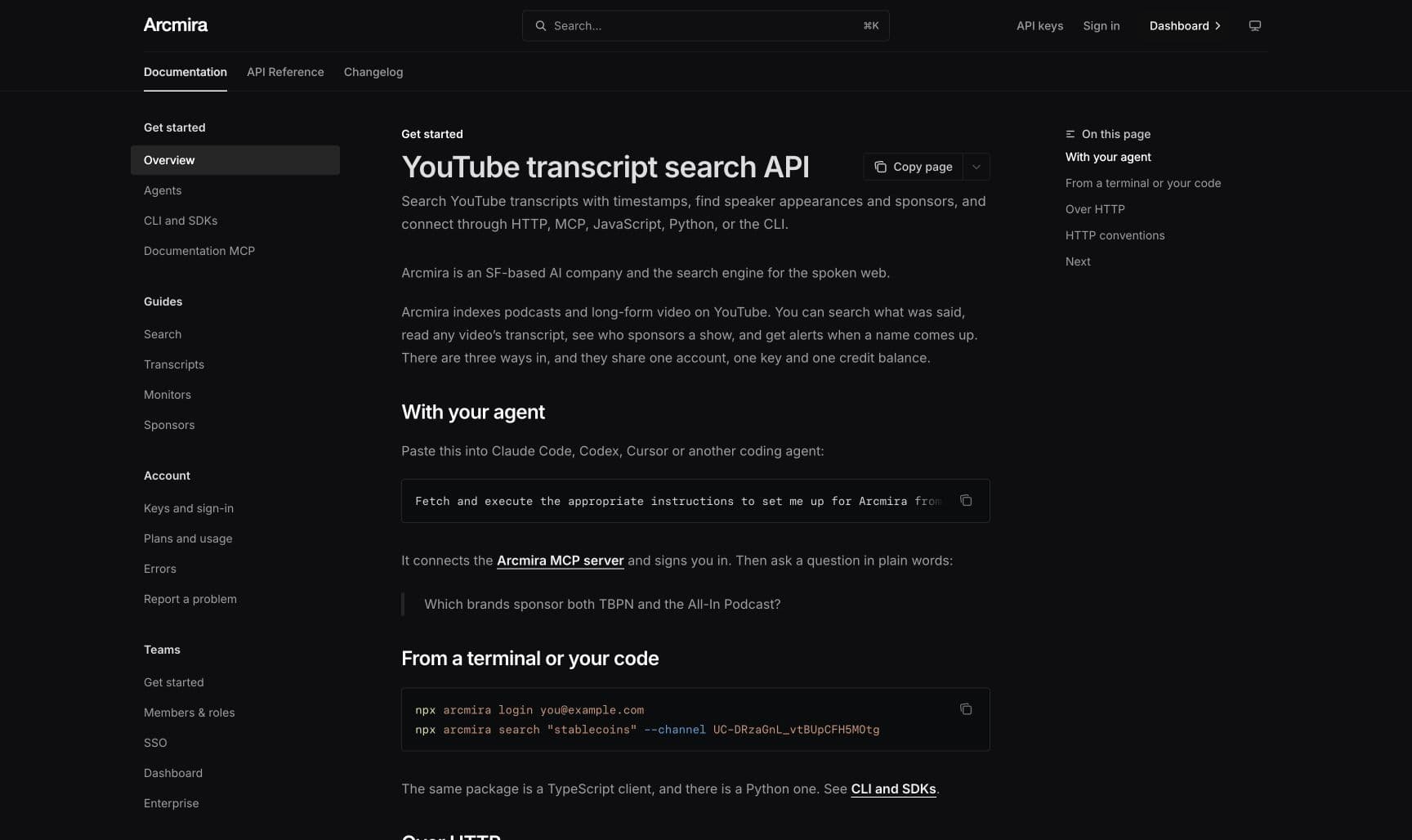 Arcmira: YouTube Transcript Search screenshot: Search YouTube transcripts for quotes, speakers, mentions and sponsors.