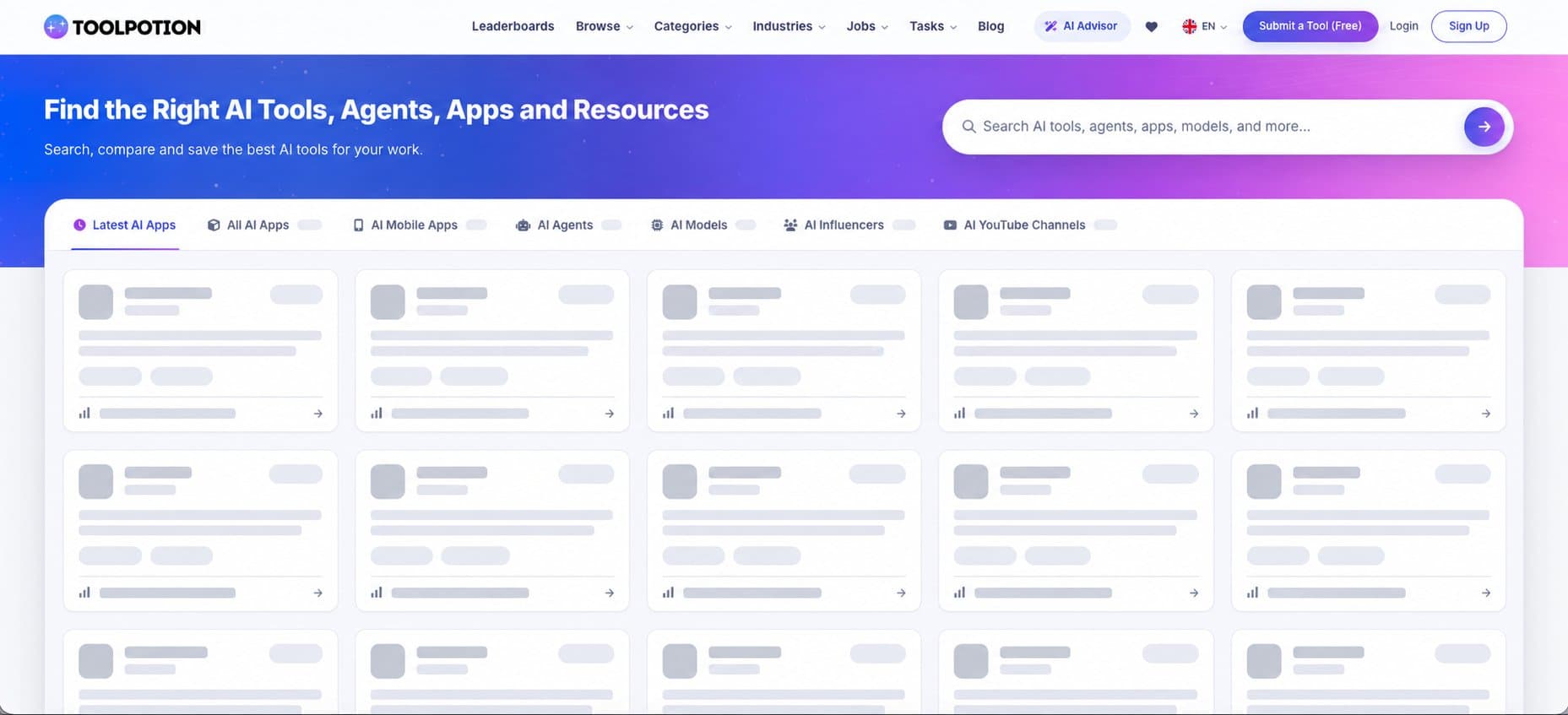 ToolPotion - AI Tools Directory & AI Advisor screenshot: Find the right AI tools for the way you work.
