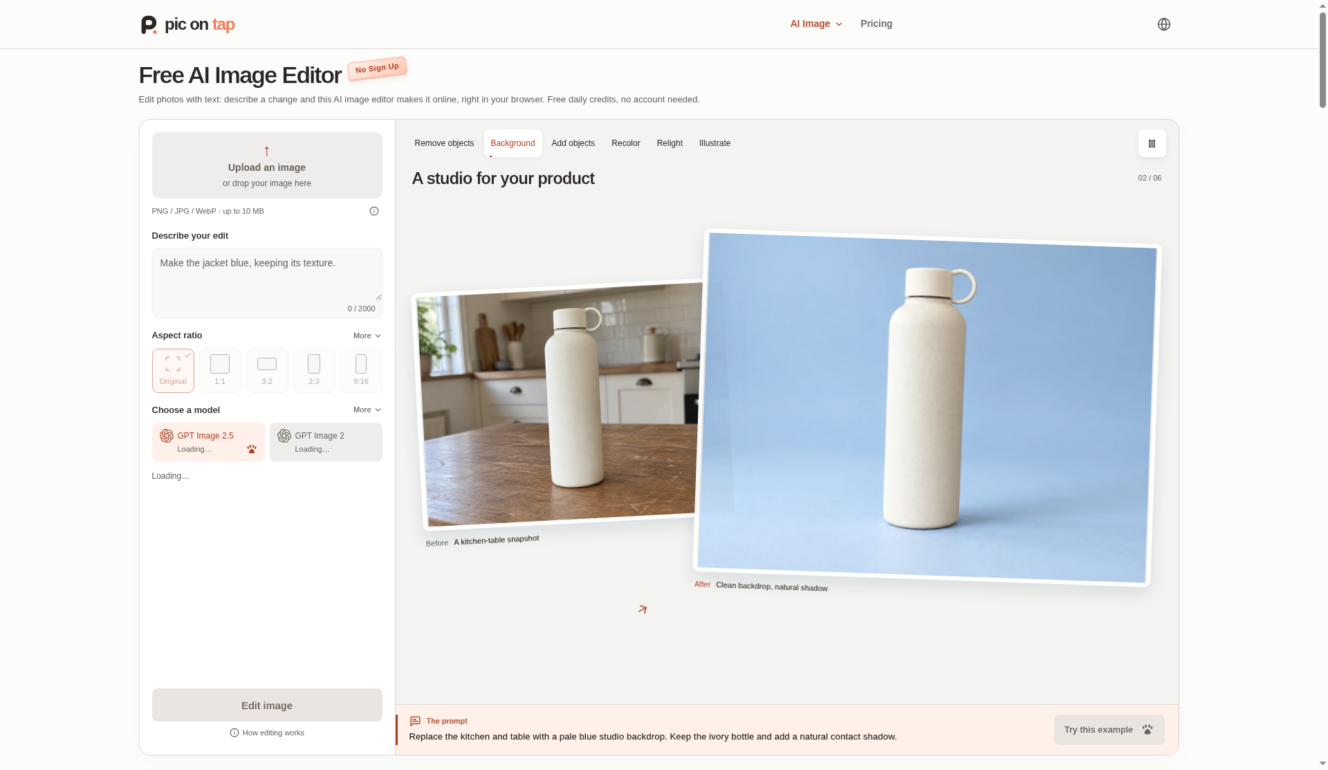 PicOnTap screenshot: AI photo editor for backgrounds, object removal and upscaling