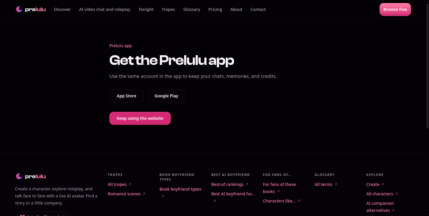 Prelulu screenshot: Fictional AI characters for adults: text, voice and supported animated video calls