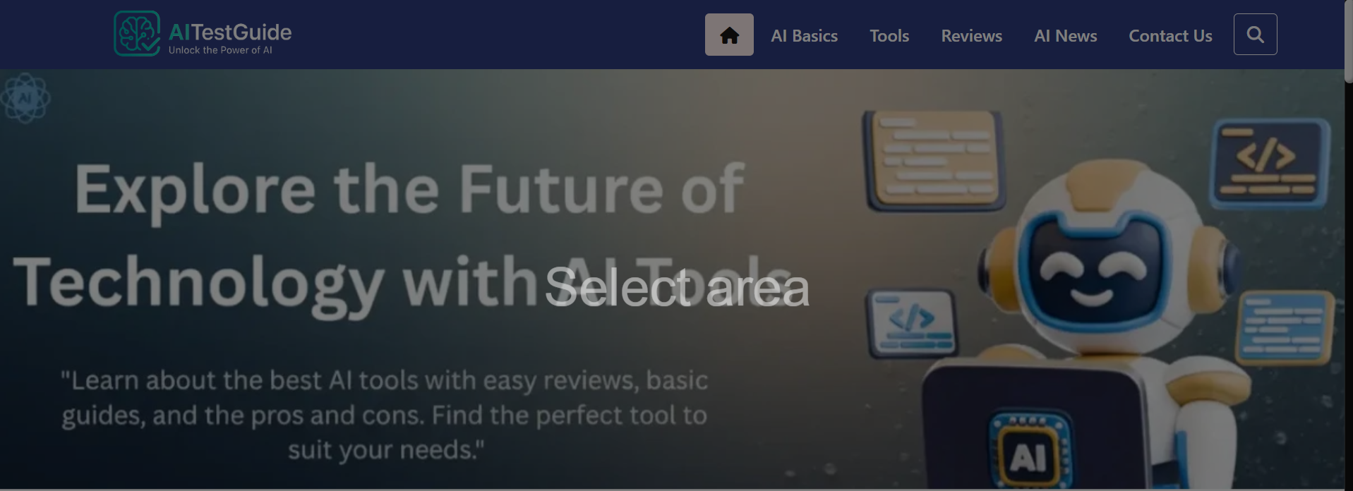 AI Test Guide screenshot: Discover AI tools, expert guides, and practical tips to use artificial intelligence with...