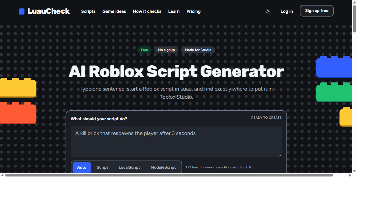 LuauCheck screenshot: Describe a Roblox mechanic, get Luau code and where it goes in Studio.