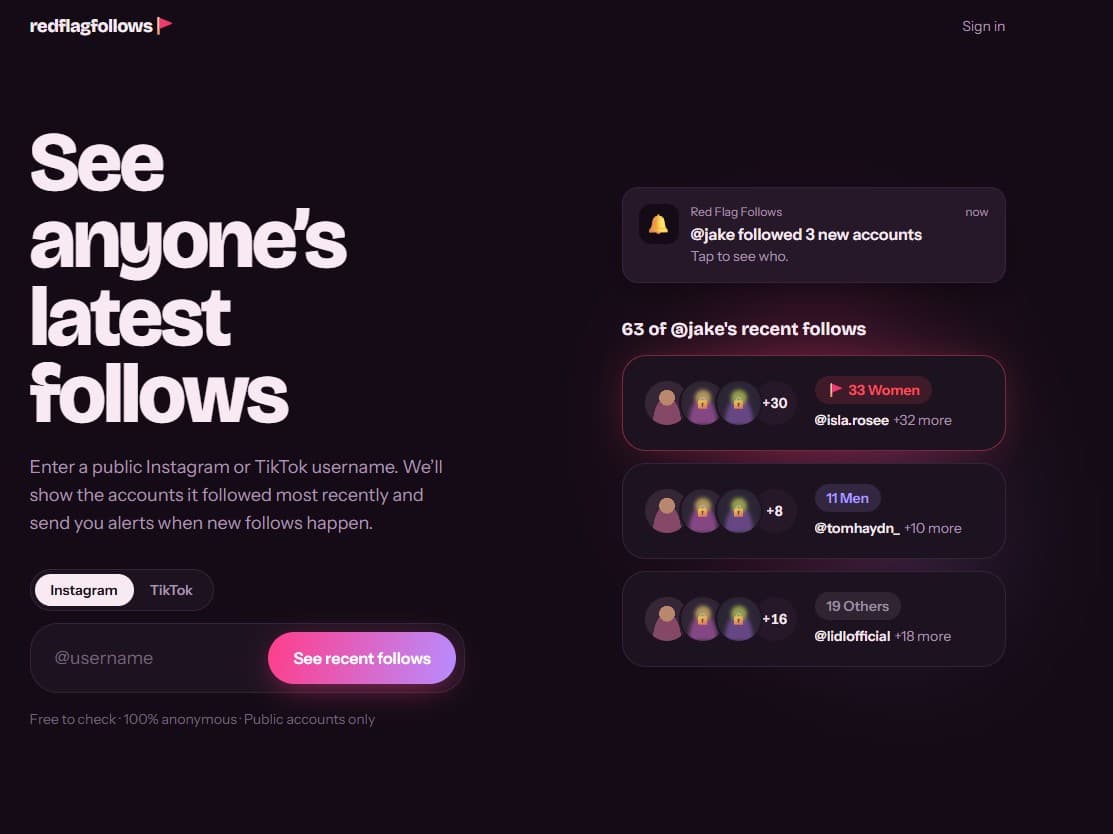 Red Flag Follows screenshot: See who your crush, your ex or any public Instagram or TikTok account just followed.