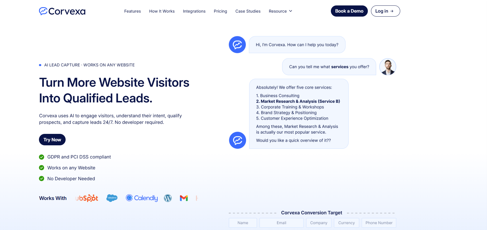 Corvexa screenshot: Corvexa is an AI chatbot that converts conversations into qualified leads.