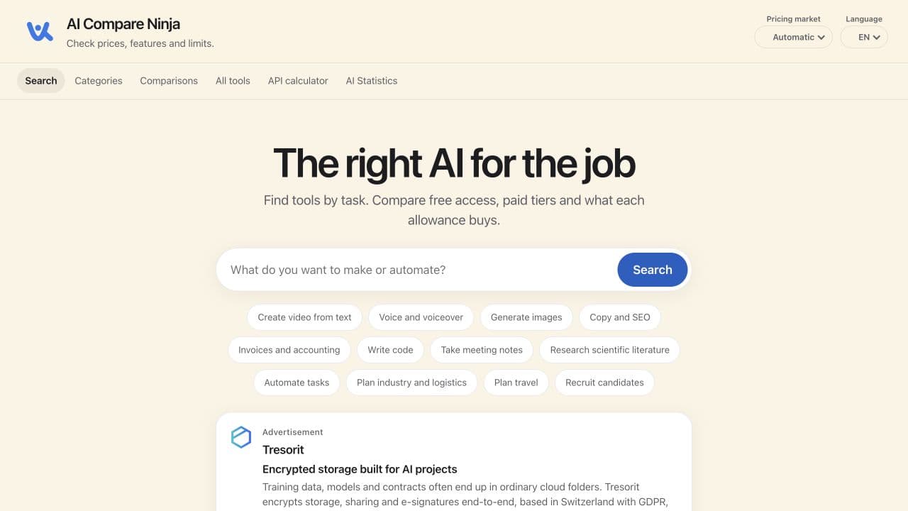 AI Compare Ninja screenshot: Research AI software, compare sourced prices and estimate LLM API costs.