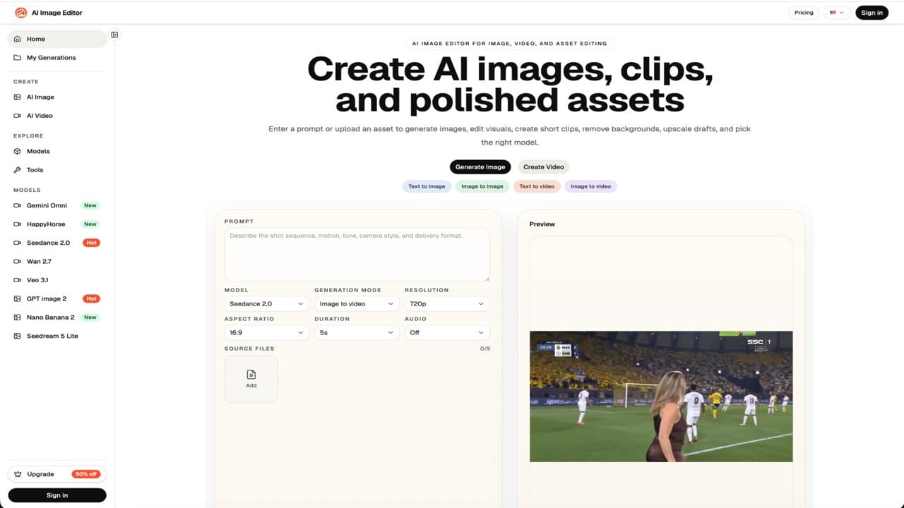 AI Image Editor screenshot: AI image and video generation tool for models, editing, effects, and production-ready content