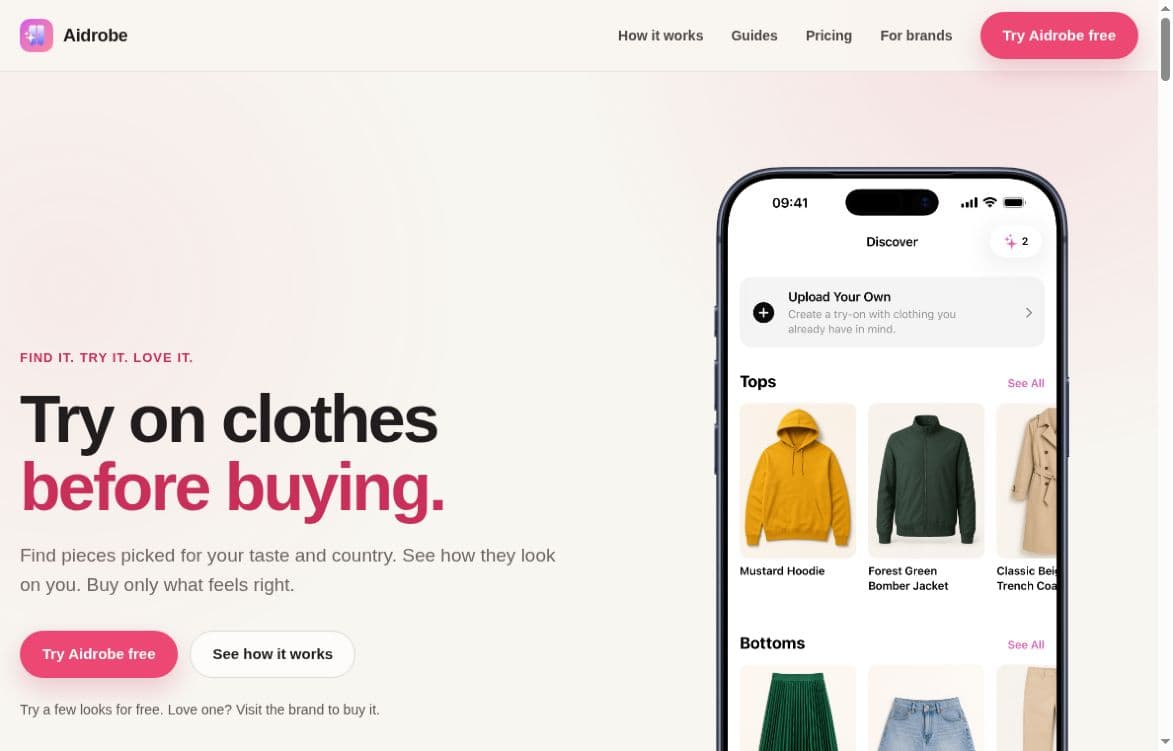 Aidrobe screenshot: AI virtual try-on and clothing discovery for iPhone