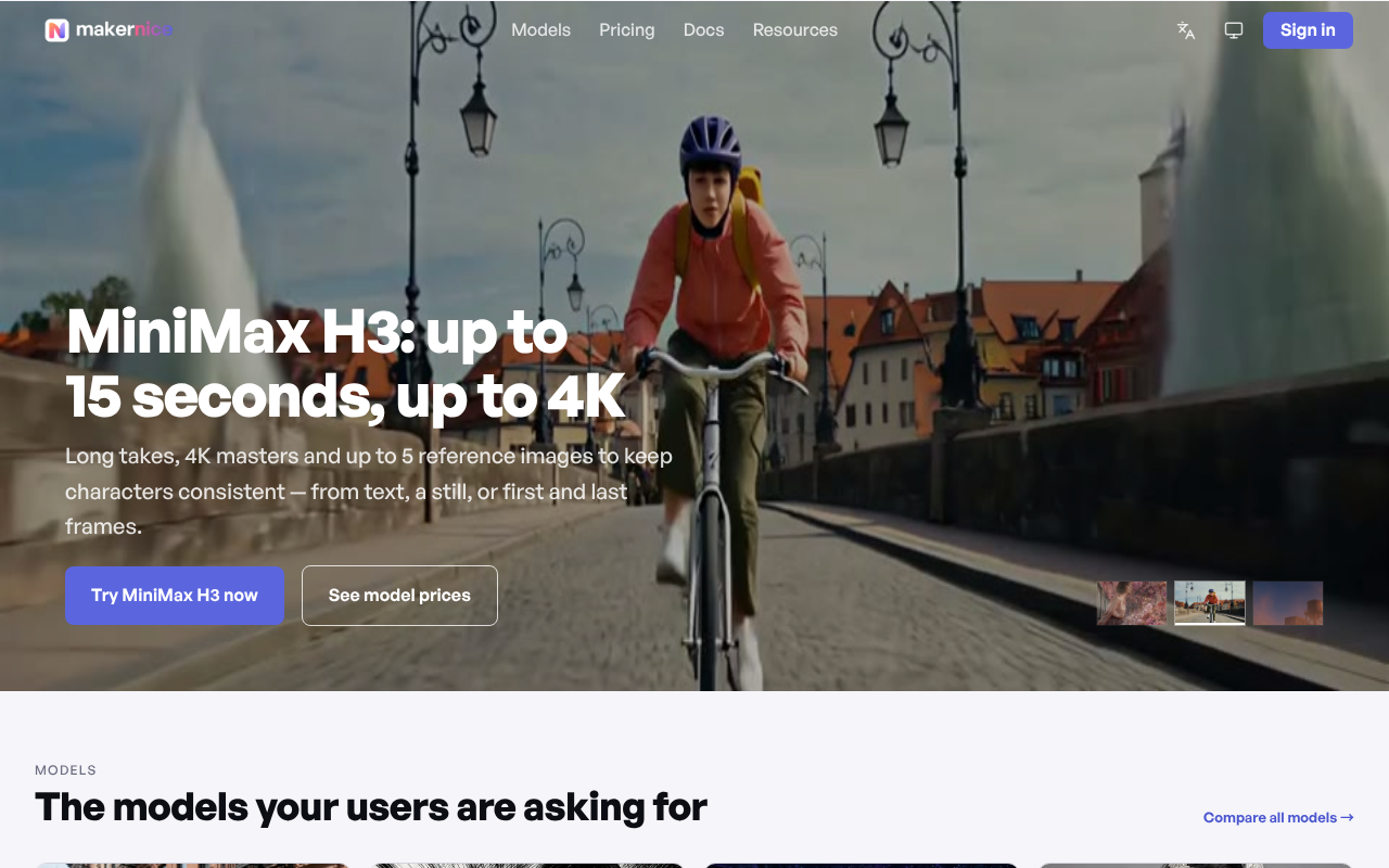 MakerNice screenshot: AI video & image API. One key. Pay only for results.