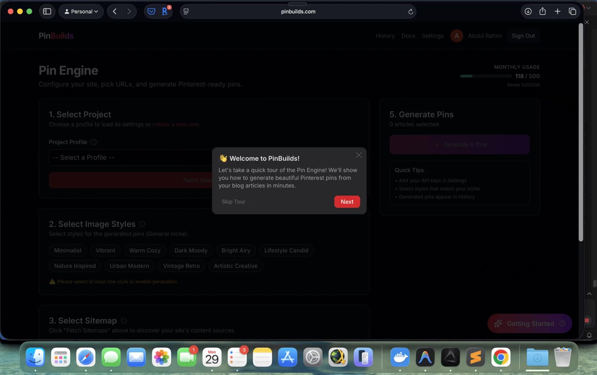 PinBuilds screenshot: Pinterest content automation for every niche: turn URLs into a month of pins