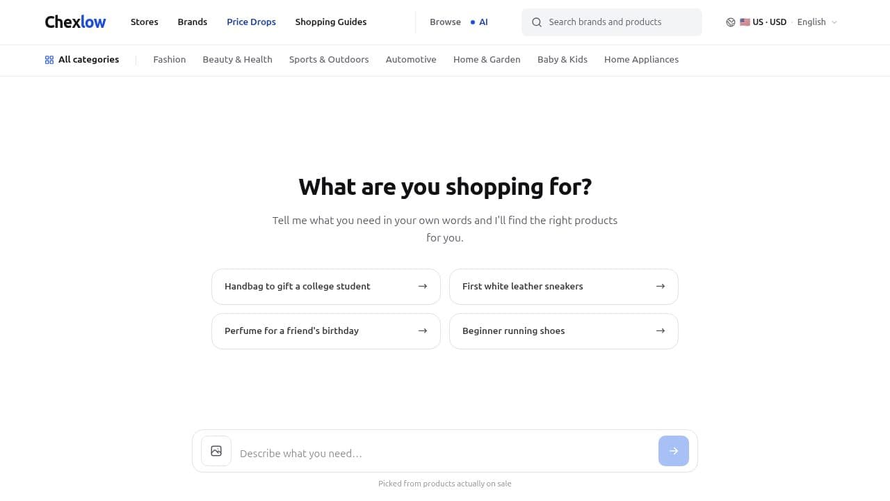 Chexlow screenshot: AI-assisted product discovery with retailer offers and shopping guides.