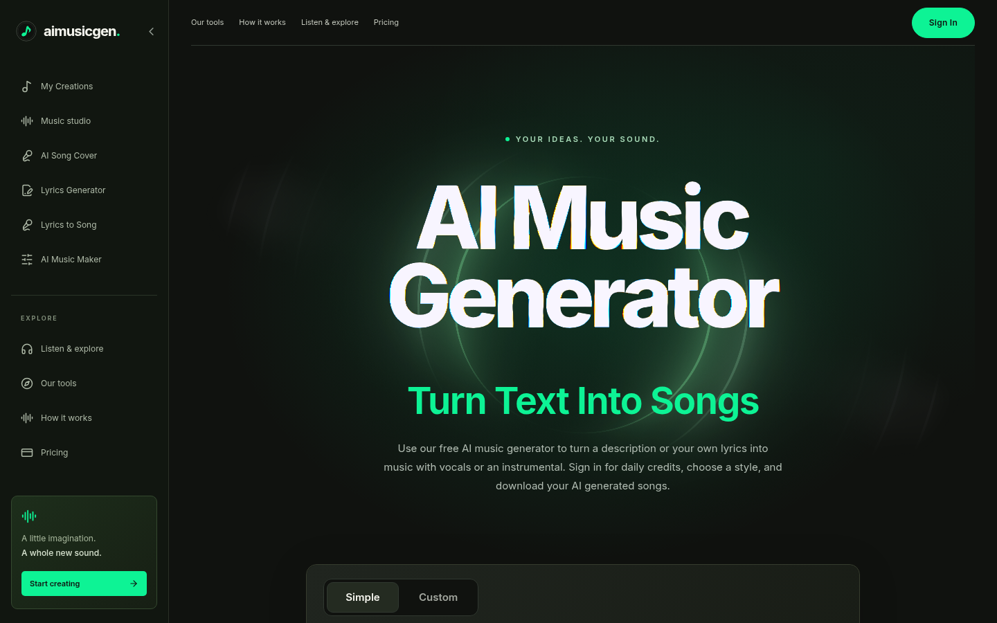 Aimusicgen screenshot: AI music generator: turn text and lyrics into songs