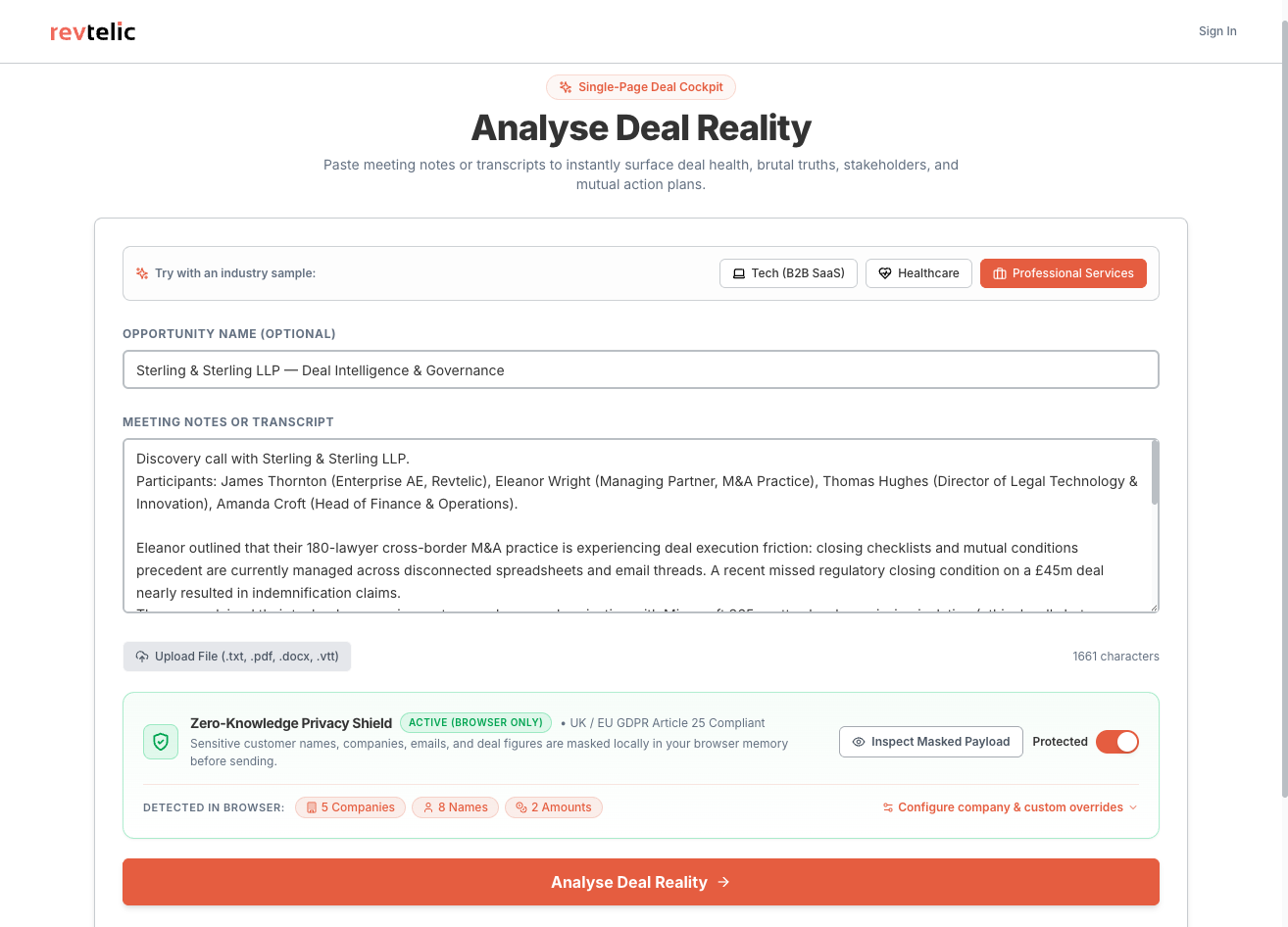 Revtelic screenshot: AI pipeline truth backed by evidence.
