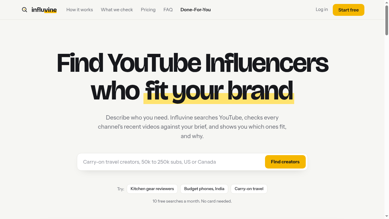 Influvine screenshot: Find the right YouTube influencers for your brand with AI-powered search