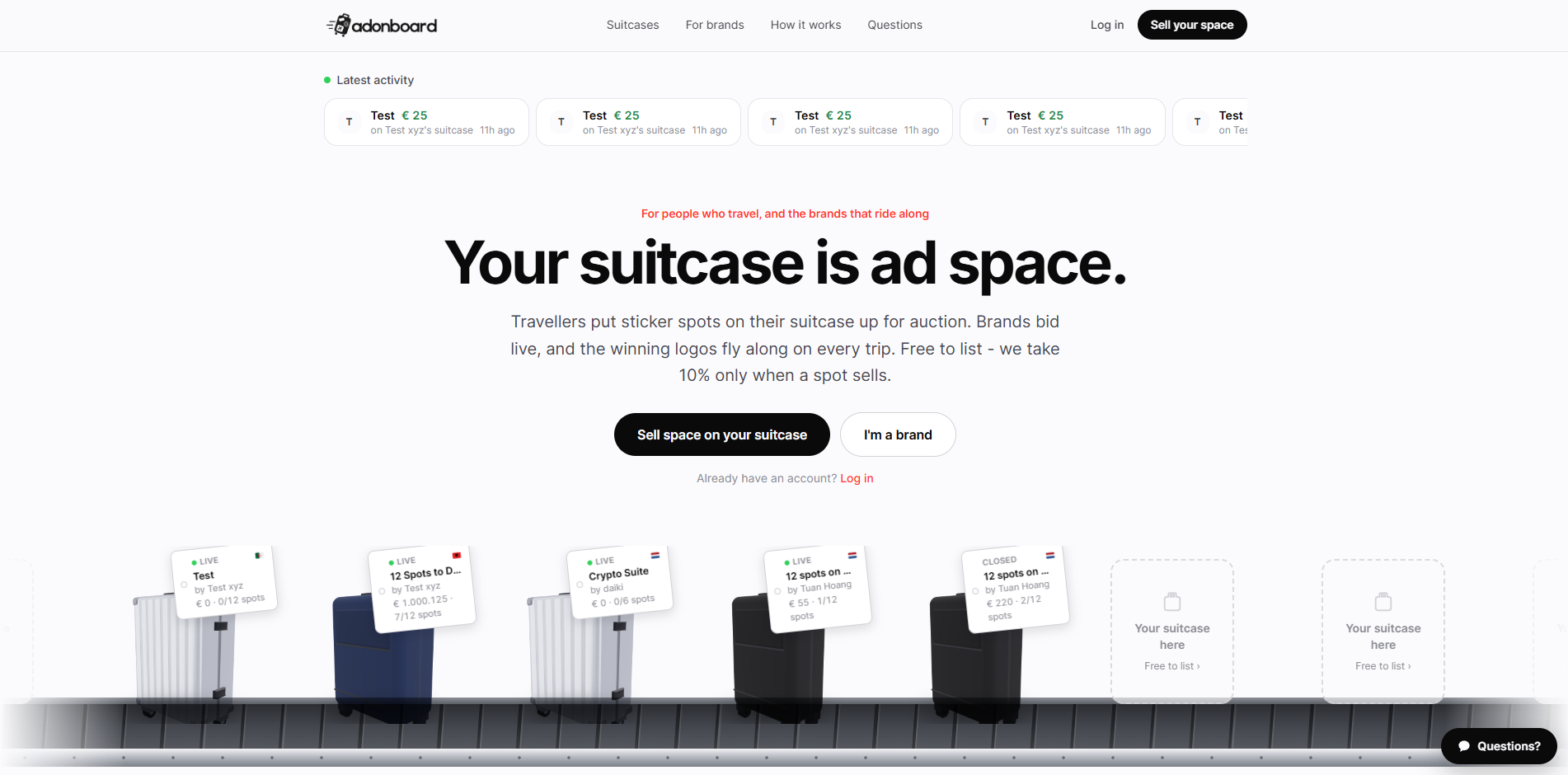 Adonboard screenshot: Travellers rent out the empty space on their suitcase, and brands bid for it.