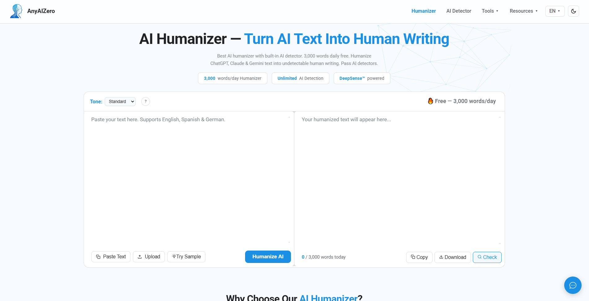 AnyAIZero screenshot: Free AI humanizer + detector. Make AI text sound human. No signup, 3,000 words daily.