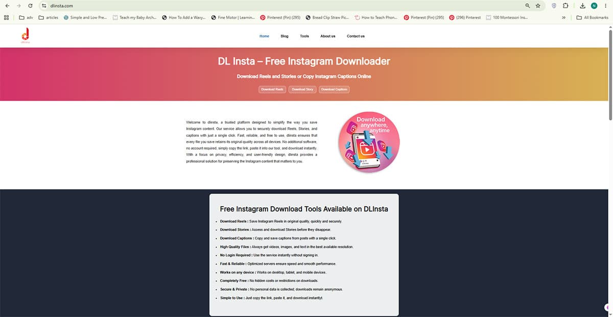 dlinsta screenshot: Free Instagram Caption, Story & Reels Downloader