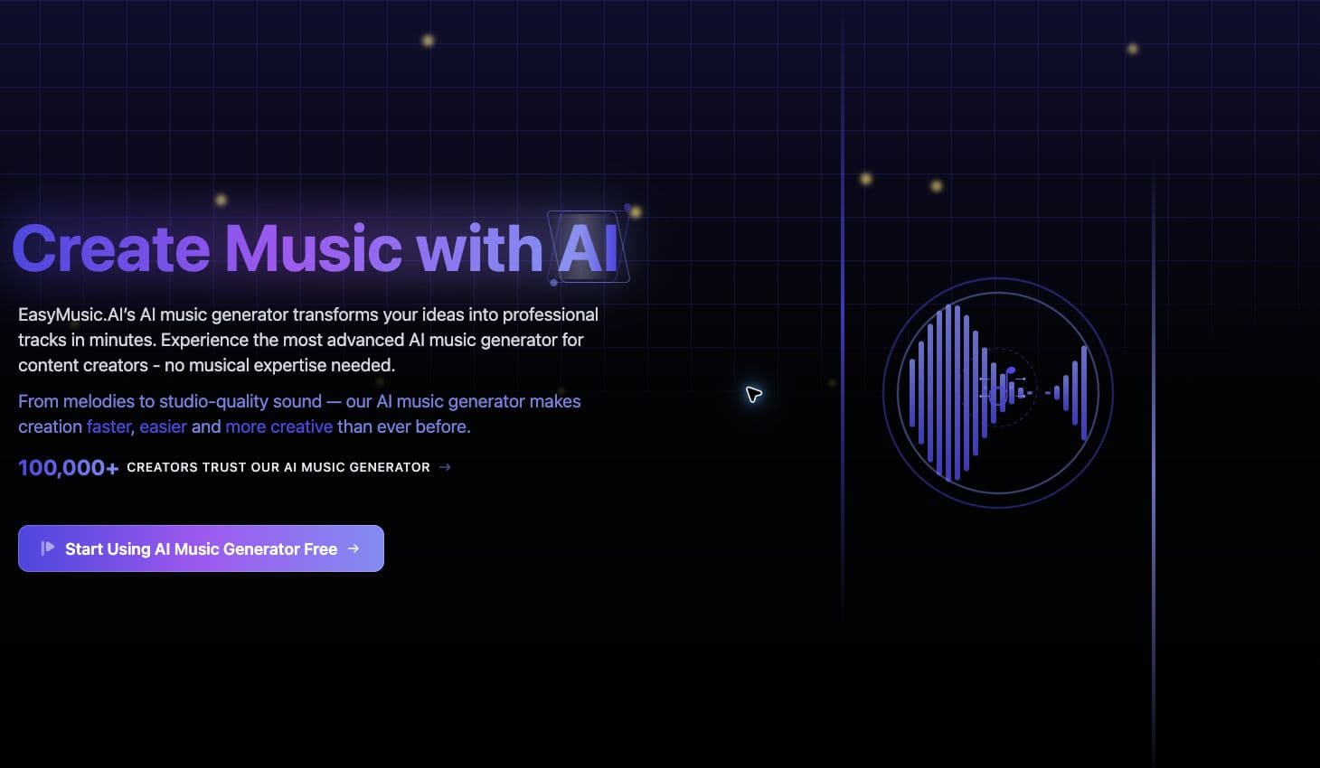 EasyMusic.AI screenshot: Turn text and lyrics into songs, then extend and edit your ideas.